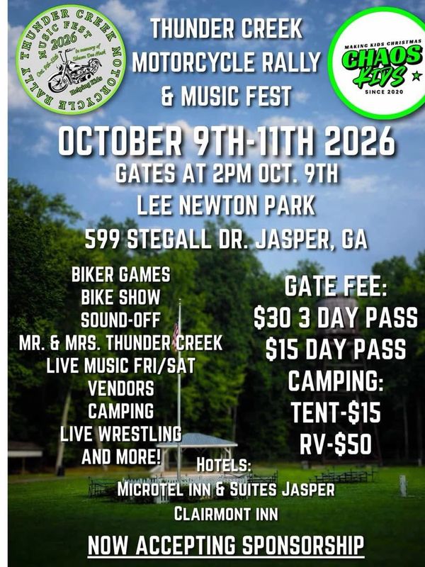 Thunder Creek Motorcycle Rally & Music Fest, Oct 9-11, 2026 in Jasper, GA with games, music, vendors, camping, and more.