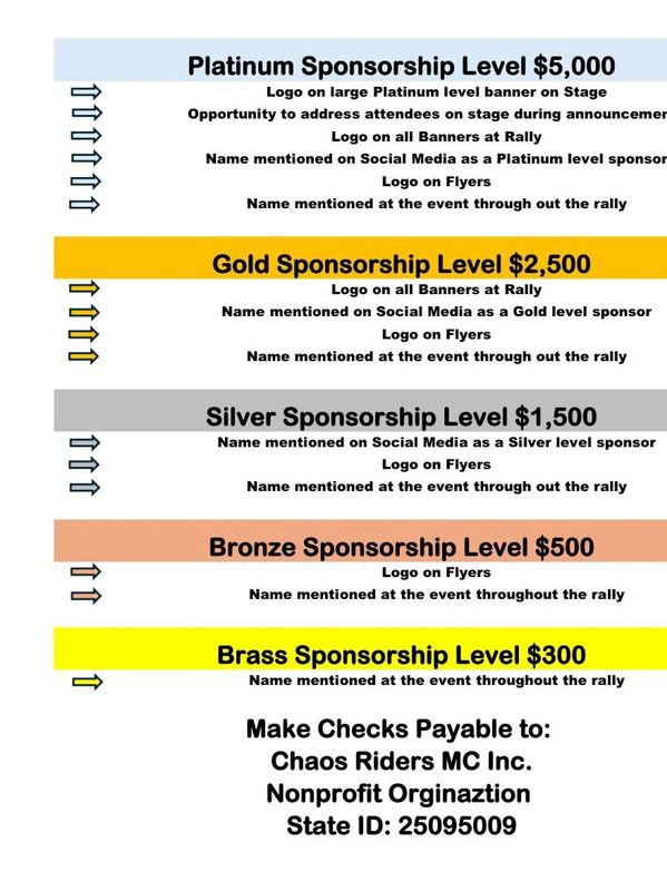 Sponsorship levels and benefits for Chaos Riders MC Inc. event.