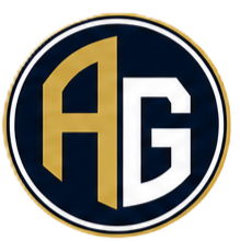 Logo with gold and white letters AG on a dark circular background.
