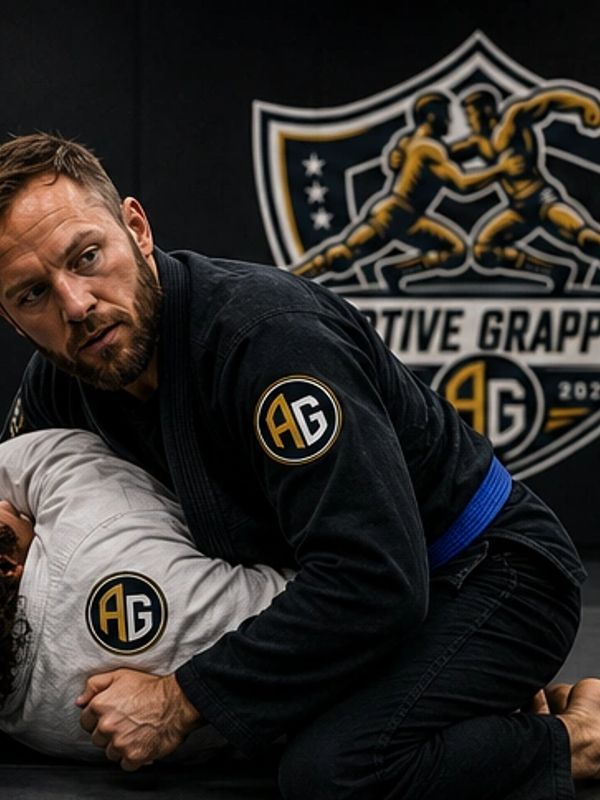 Two men practicing grappling in a martial arts gym.