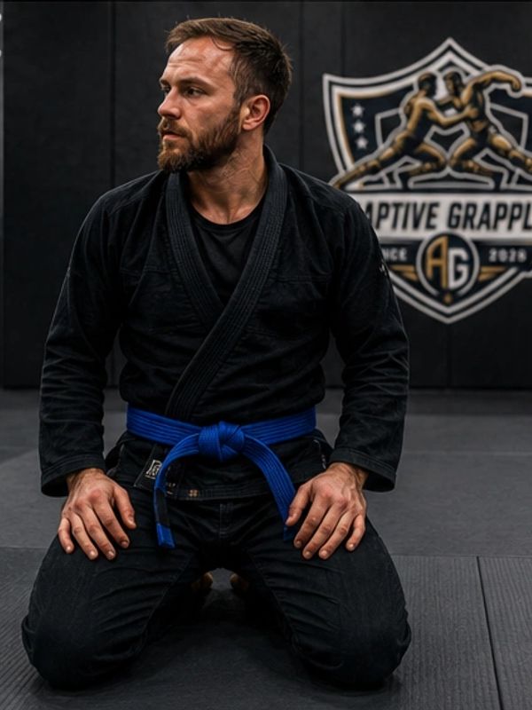 Man in black gi with blue belt kneeling on mat in grappling gym.