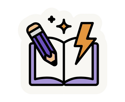 Magic book icon with pencil, stars and lightning bolt emerging from the pages.