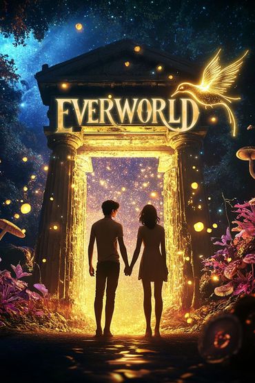 Two people hold hands before a glowing ancient portal surrounded by magical lights and flora.