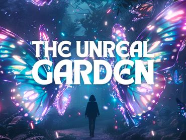 A person walks through a glowing, surreal garden with giant luminous butterflies.