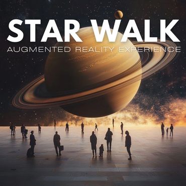 People experience an augmented reality walk with planets and stars.