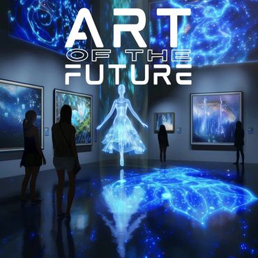 Visitors explore a futuristic digital art gallery with holographic displays and cosmic visuals.
