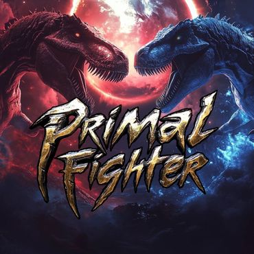 Two roaring dinosaurs face each other with 'Primal Fighter' text between them against a cosmic background.