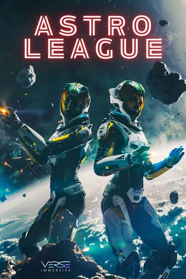 Two futuristic astronauts stand back-to-back in space with glowing suits and helmets.