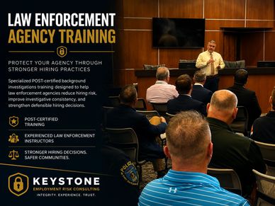 Law enforcement agency training session on stronger hiring practices with a speaker addressing attendees.