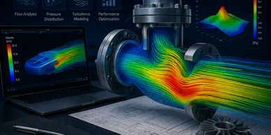 3D fluid flow simulation through an industrial valve showing velocity and pressure distribution.