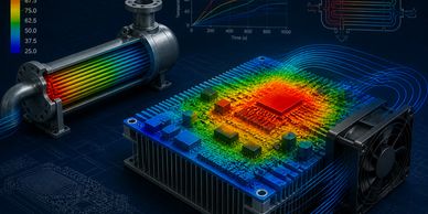 Heat distribution visualization on a computer chip with cooling system and temperature graph.