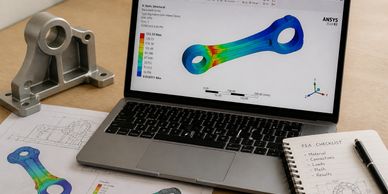 Laptop displaying FEA stress analysis of a mechanical part with related drawings and notes.