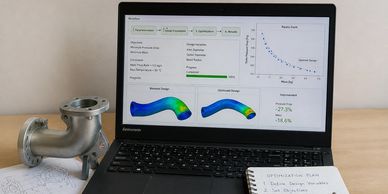 Engineering optimization process displayed on a laptop with a metal pipe and design sketches.