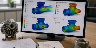 Engineering workstation showing multiphysics simulation of a mechanical part.