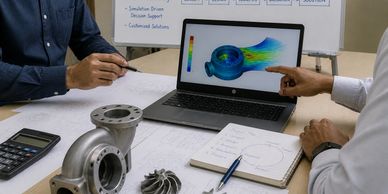 Engineers discussing a 3D fluid dynamics simulation on a laptop with mechanical parts on the table.