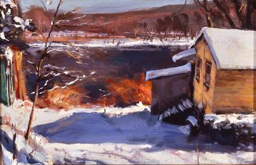 Winter cottage painting by Glenn Harrington 