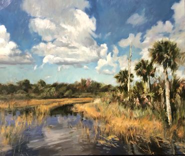 Palms on a creek landscape painting by Glenn Harrington 