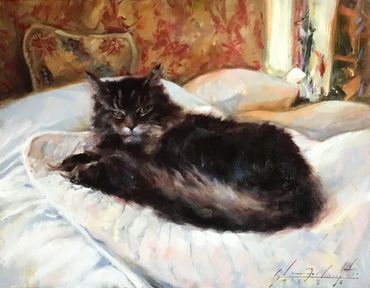 Cat on a bed painting by Glenn Harrington 