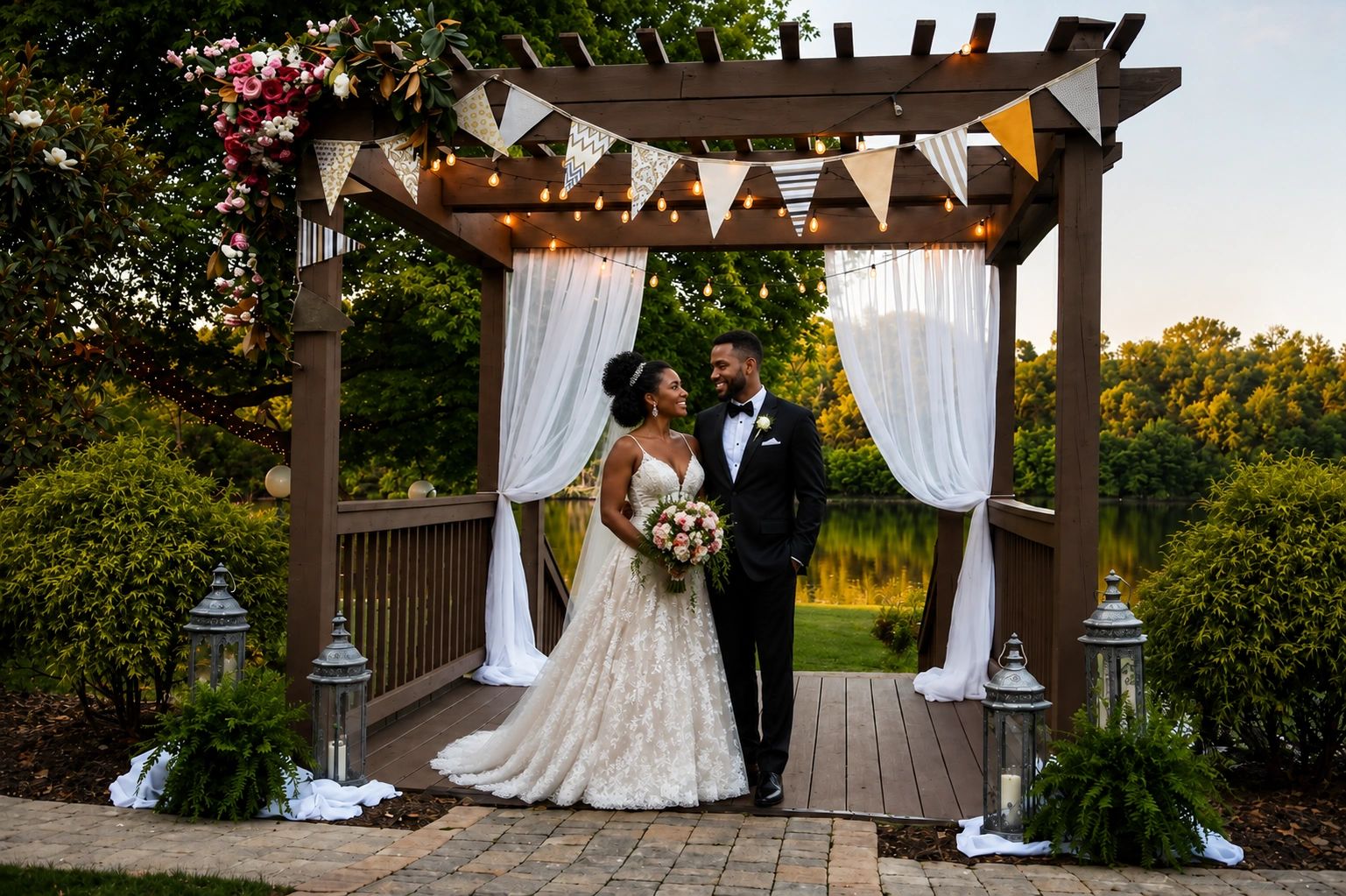 Bride and groom smiling under decorated wooden arch.
