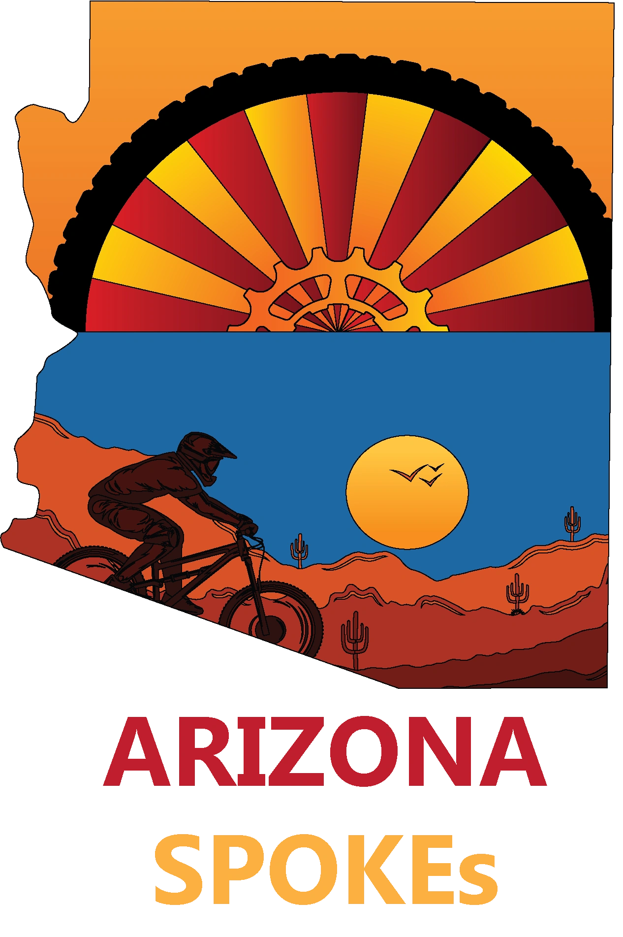 Arizona Spokes mountain biking logo with sunset and desert landscape.