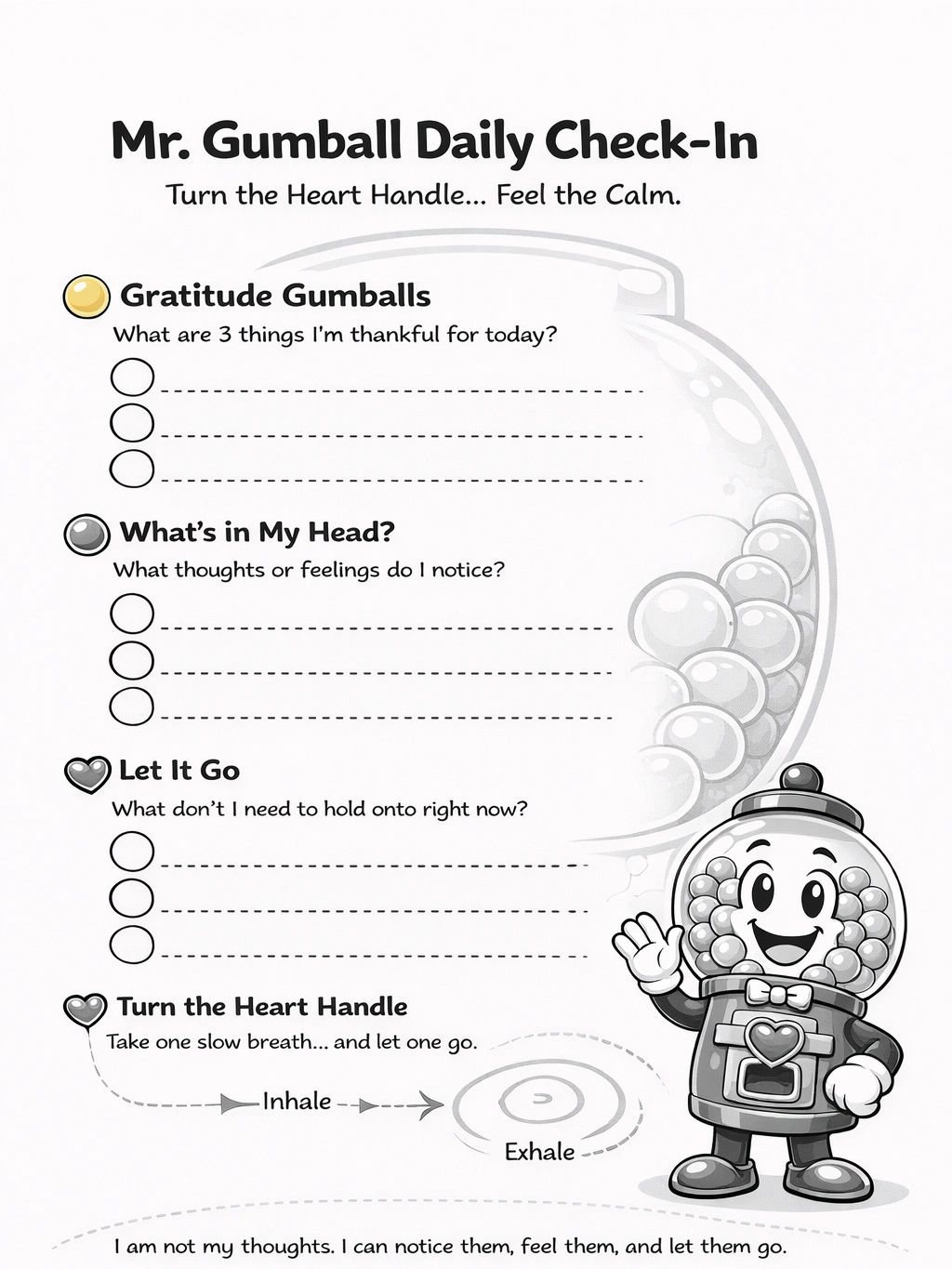 Mr. Gumball Daily Check-In worksheet to express gratitude, thoughts, and release emotions.