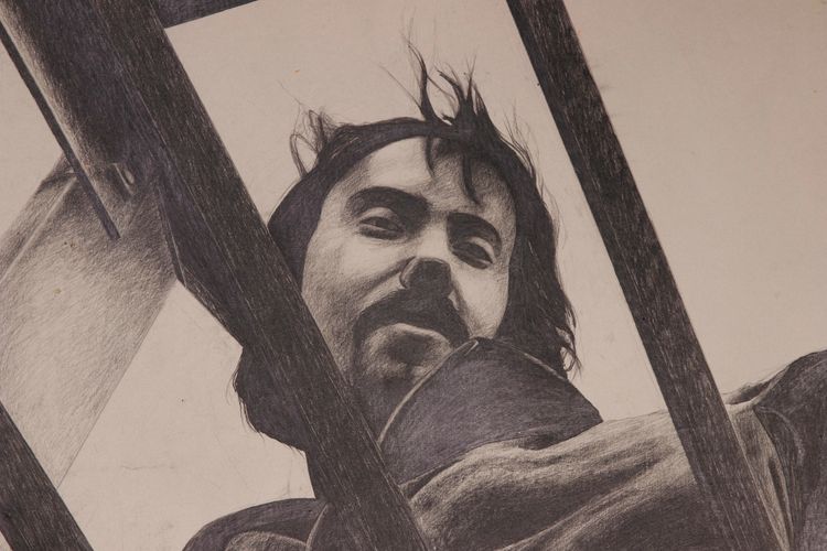 Detail of a self-portrait in graphite from Norman Thalheimer circa 1972 at Syracuse University. One 