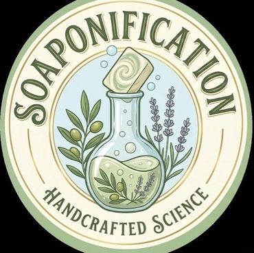 Logo illustrating soap science with herbs and a soap bar in a flask.