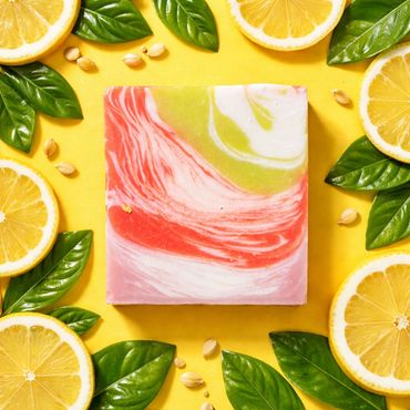 Colorful marbled soap surrounded by lemon slices and green leaves on yellow background.