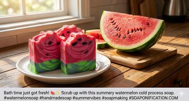 Handmade watermelon cold process soap bars beside fresh watermelon slices.