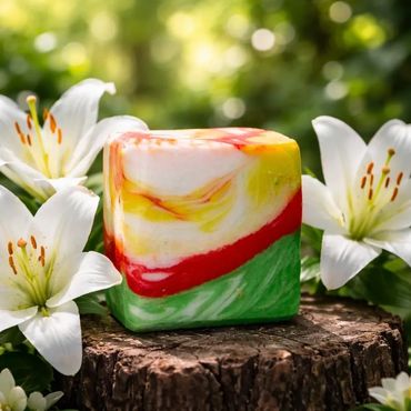 Colorful soap bar on a tree stump surrounded by white lilies.