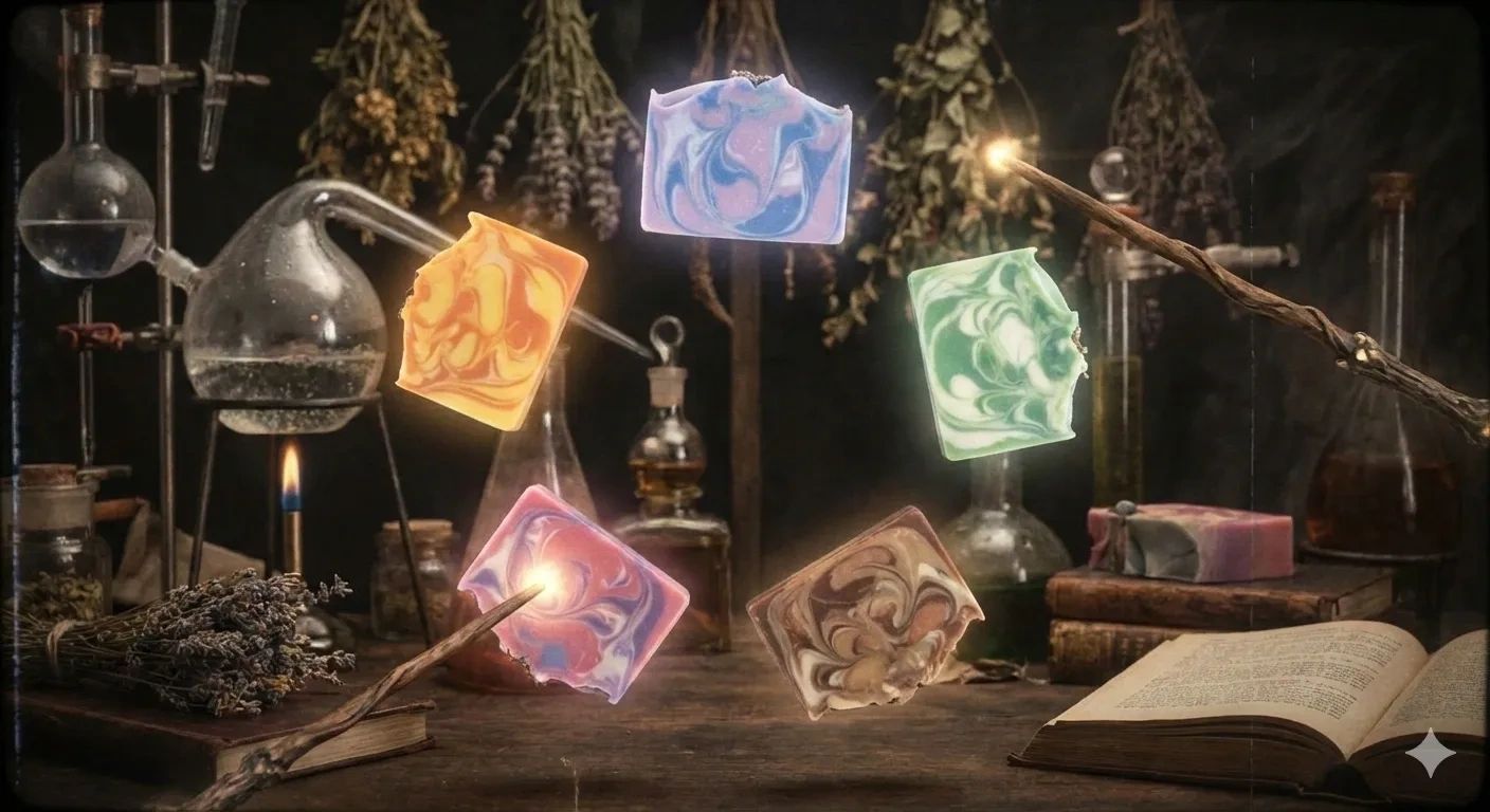 Magical wands levitate colorful soap bars in an alchemist's rustic lab.
