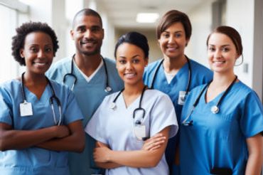 A diverse group of five healthcare professionals in scrubs smiling confidently.