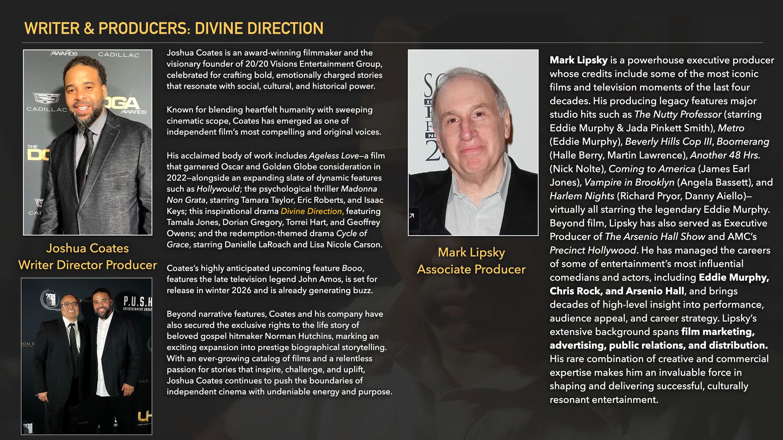 Profiles of Joshua Coates and Mark Lipsky, writers and producers of Divine Direction.
