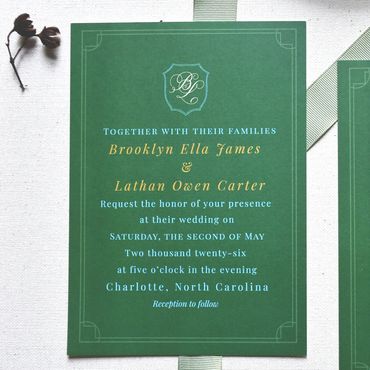 Elegant green wedding invitation for Brooklyn Ella James and Lathan Owen Carter.
