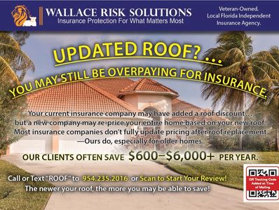 Insurance ad warns about overpaying after a new roof installation.