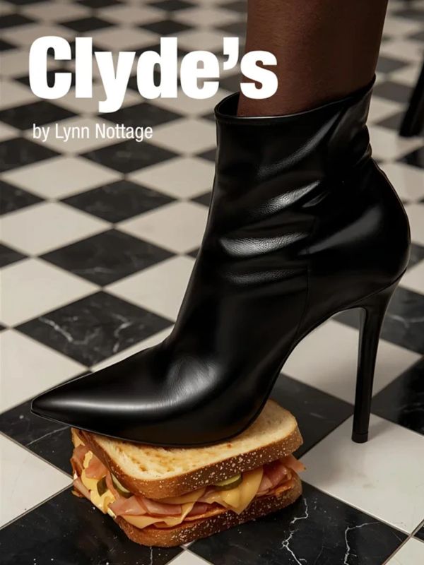 A black high-heeled boot stepping on a sandwich on a checkered floor.