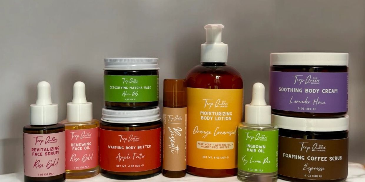 Assorted Terp Queen Skincare products with various scents and functions.