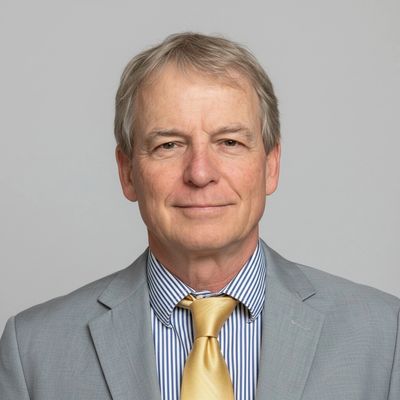 Professional middle-aged man in a gray suit and yellow tie, smiling confidently.