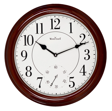 Round-shaped wooden clock of medium size. The frame is shiny and white dial has English numbers. 