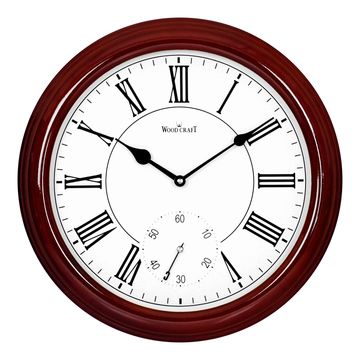 Round-shaped wooden clock of medium size. The frame is shiny and the white dial has Roman numbers. 