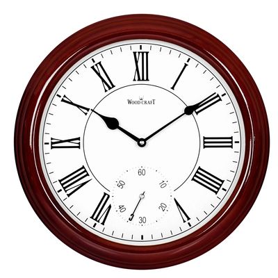 Round-shaped wooden clock of medium size with a bright, shiny frame. Minimalist design and silent
