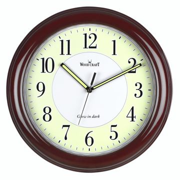 Wood Craft Wall Clock with a Luminous White Dial. Brown polished frame with a glossy and shiny look