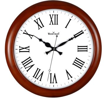 Round clock made of pure pine wood with a brown frame and white dial. Silent clock with no ticking.