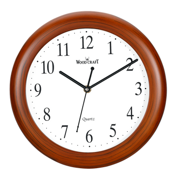 Round-shaped wooden clock of small size. Elegant wooden frame that will suit any type of furniture. 
