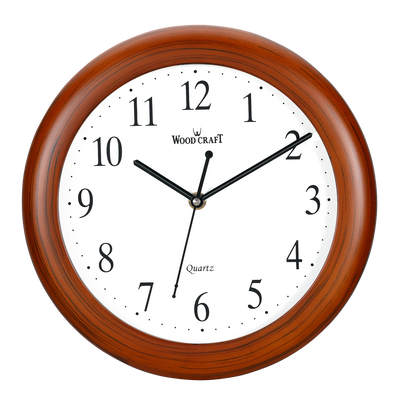 Round-shaped wooden clock of small size. Elegant wooden frame that will suit any type of furniture. 