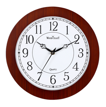 Round-shaped wooden clock, small size. Brown wooden frame with white dial. Slim, light weight clock