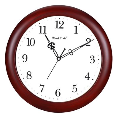 Dark brown wooden wall clock of round shape and has a white dial. Fitted with silent sweep movement