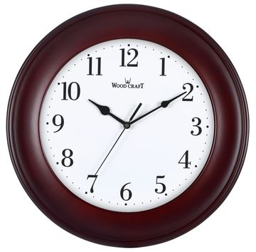 Round shaped clock with a broad wooden frame & white dial. Curved HD glass with a simple dial design