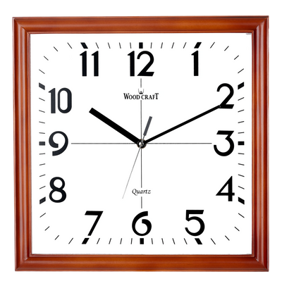 Square, wooden clock of classic style from Wood Craft having a brown frame & white dial. Medium size