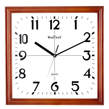 Square, wooden clock of classic style from Wood Craft having a brown frame & white dial. 